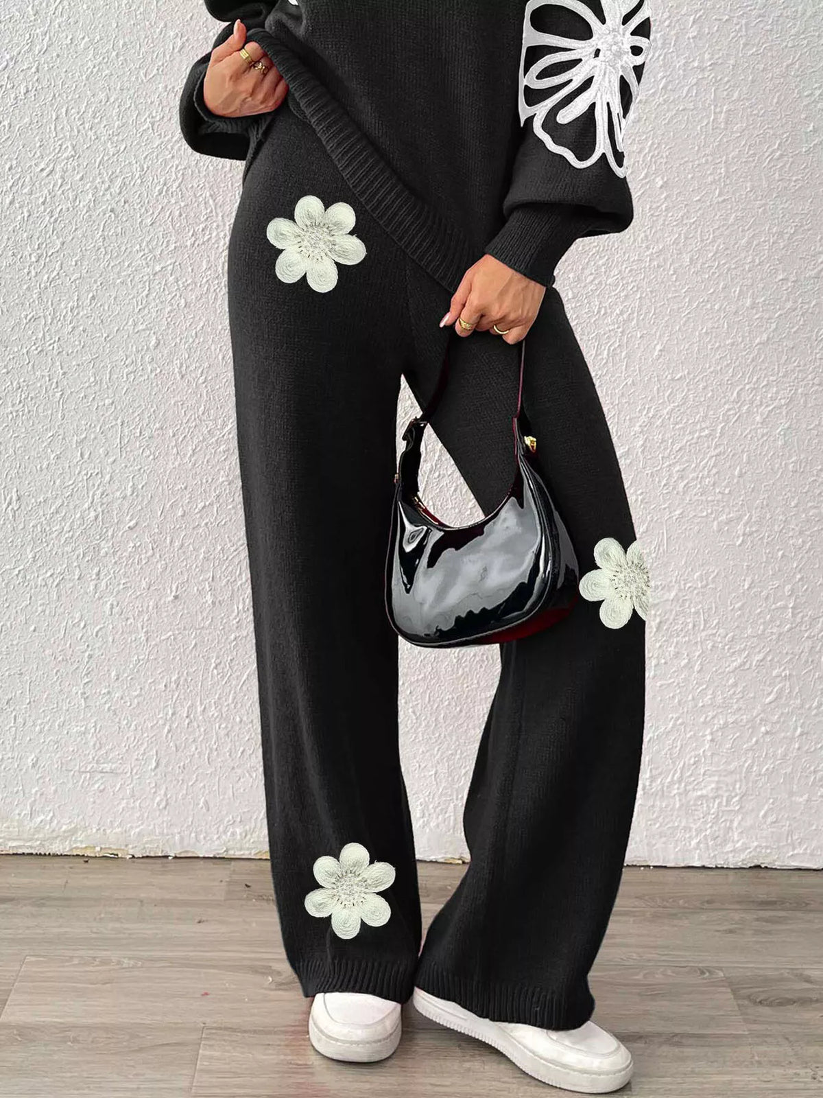 High-Waisted Wide-Leg Sweater Pants with Floral Beaded Decor, view 2