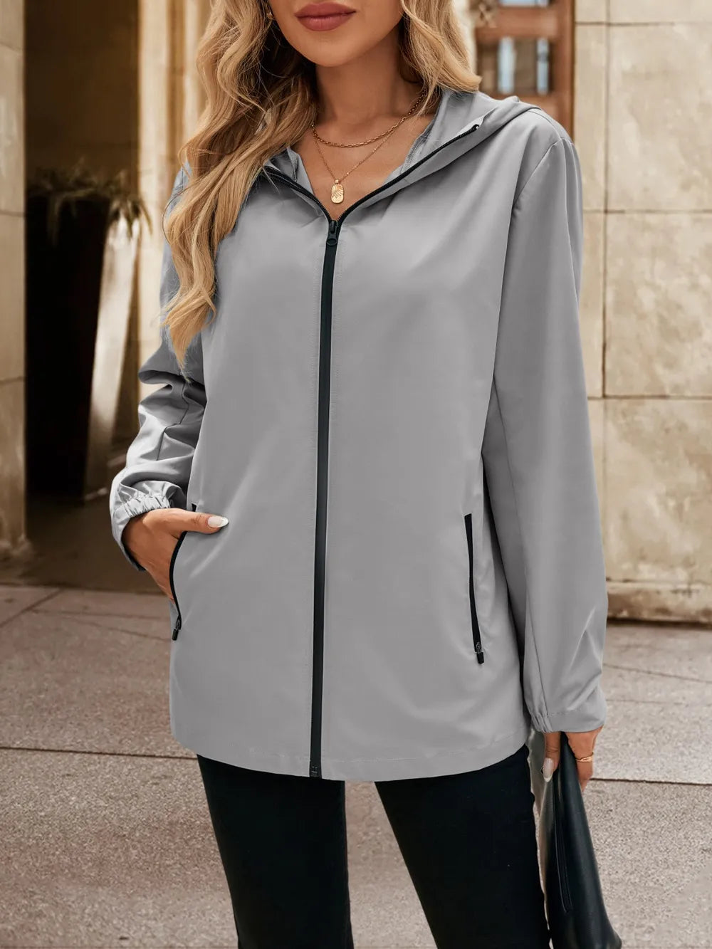Ivy Lane Pocketed Zip Up Hooded Jacket in Gray