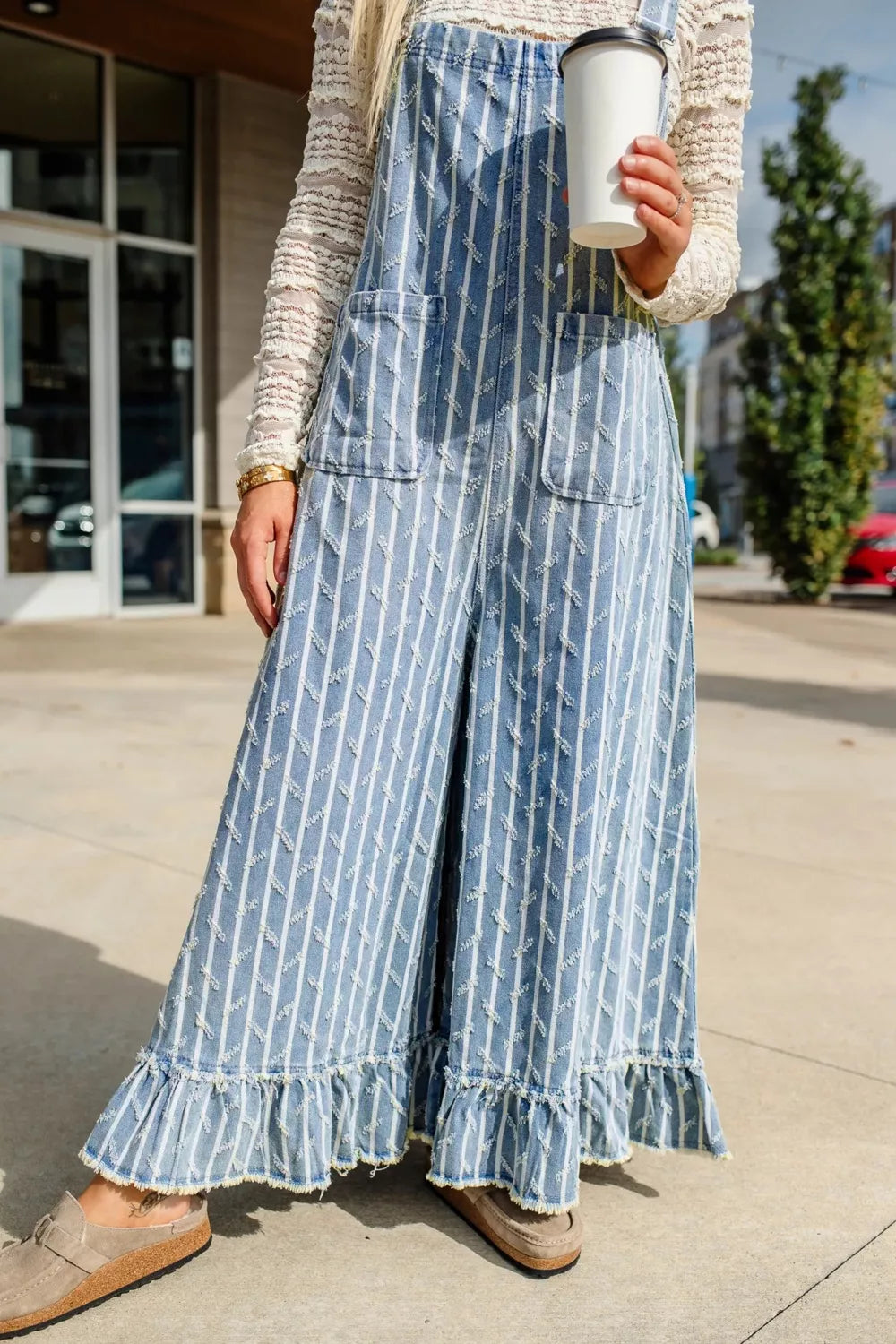 Striped Distressed Ruffled Wide Leg Denim Overalls in Light Blue, view 3