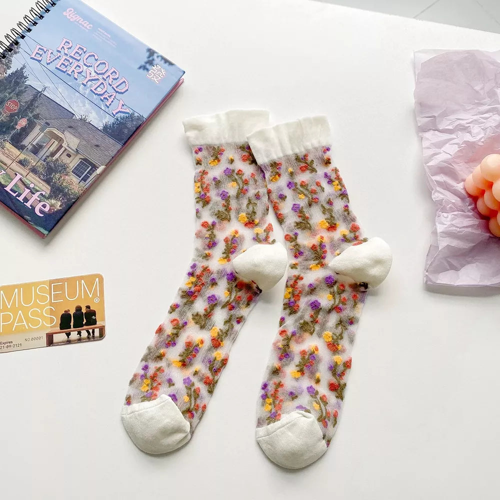 Floral Sheer Crew Socks 5 Pair Set - Lilixa.store