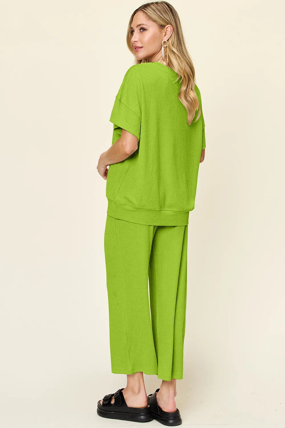 Double Take Full Size Texture Round Neck Short Sleeve T-Shirt and Wide Leg Pants, view 2