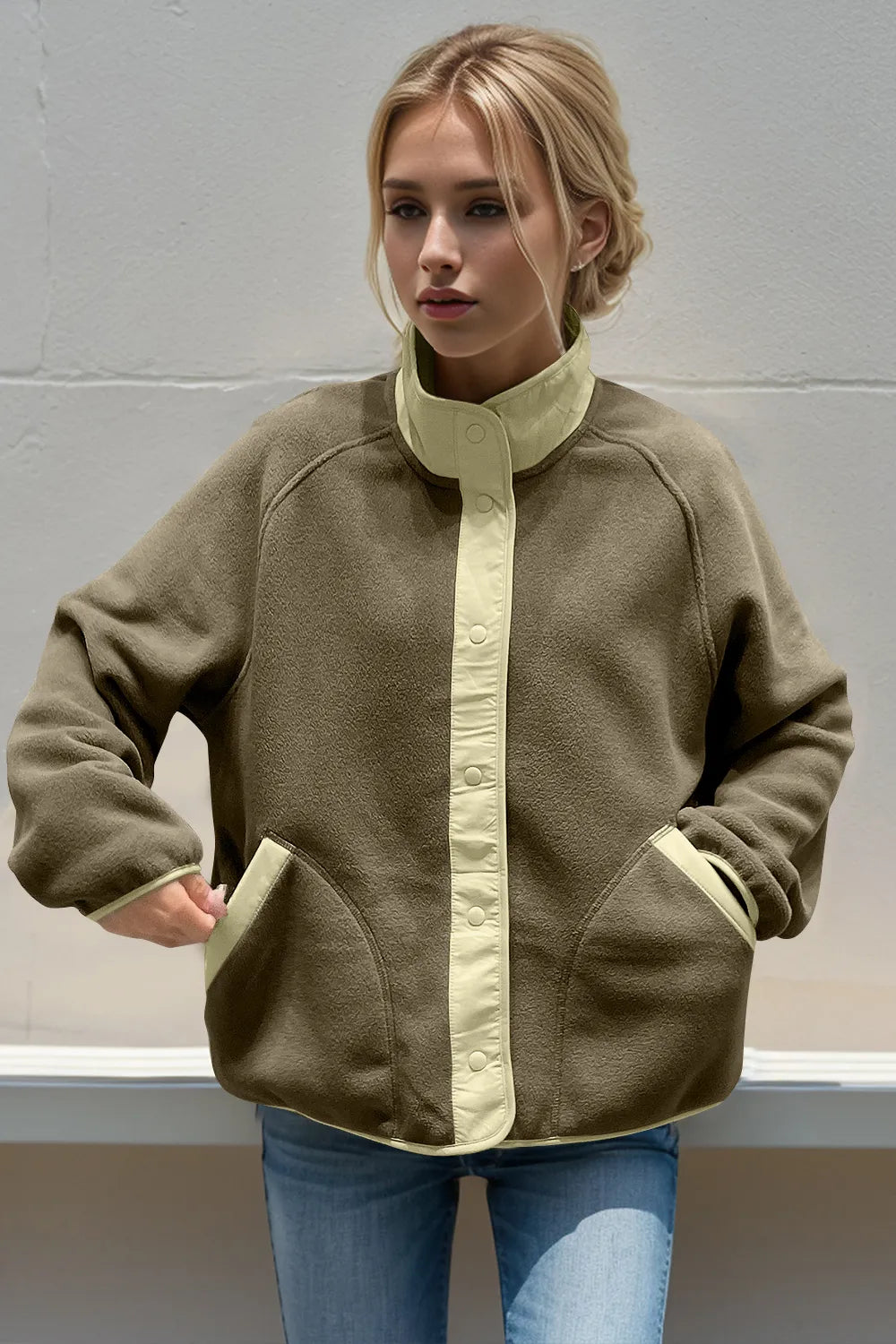 Snap Down Contrast Fleece Jacket with Pockets - Lilixa.store