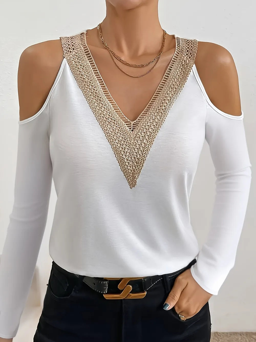 V-Neck Cold Shoulder Long Sleeve T-Shirt - Lilixa.store
