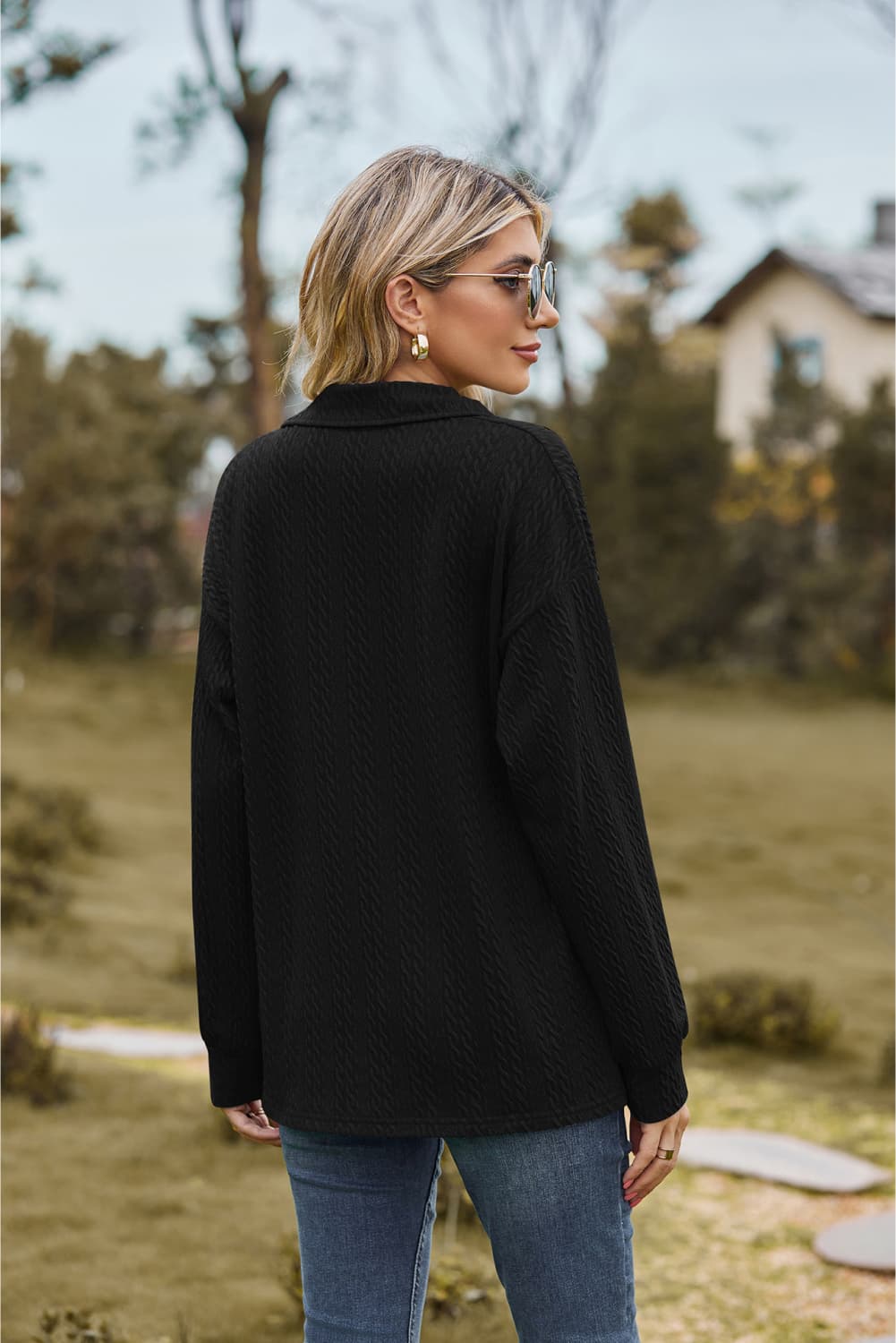 Collared Neck Cable-Knit Long Sleeve Blouse, view 14