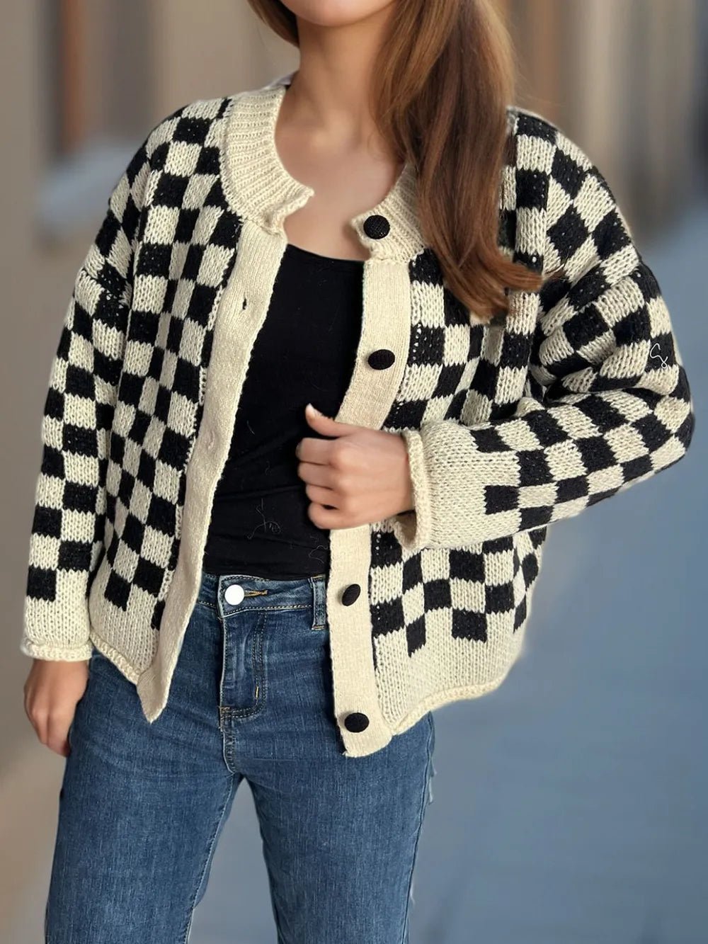 Checkered Button Up Round Neck Cardigan - Lilixa.store