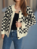 Checkered Button Up Round Neck Cardigan - Lilixa.store
