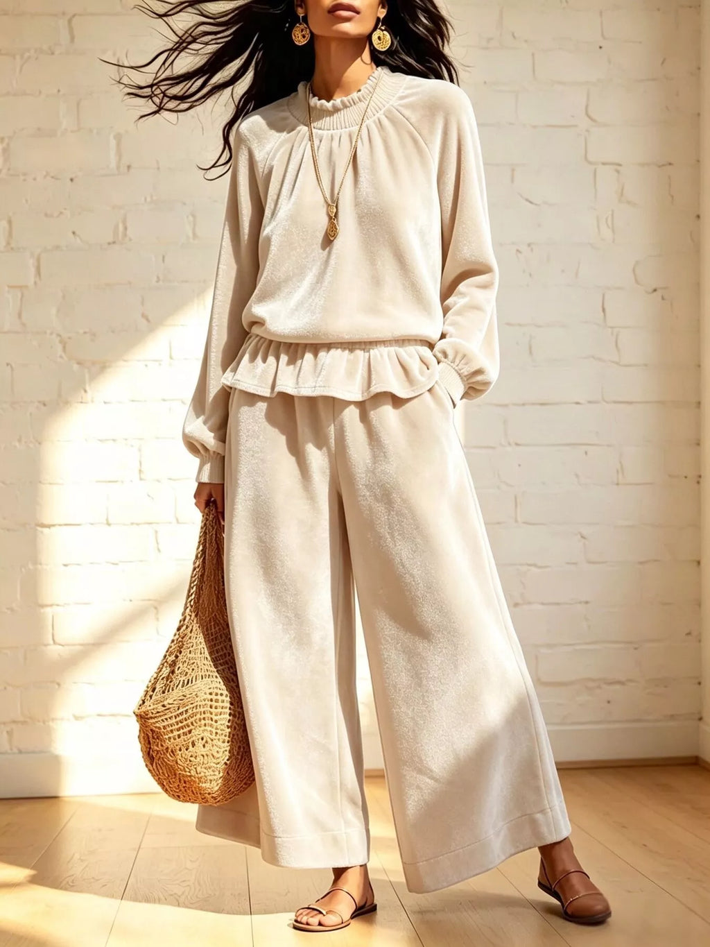Velvet Peplum Top and Wide-Leg Pants Set - Lilixa.store