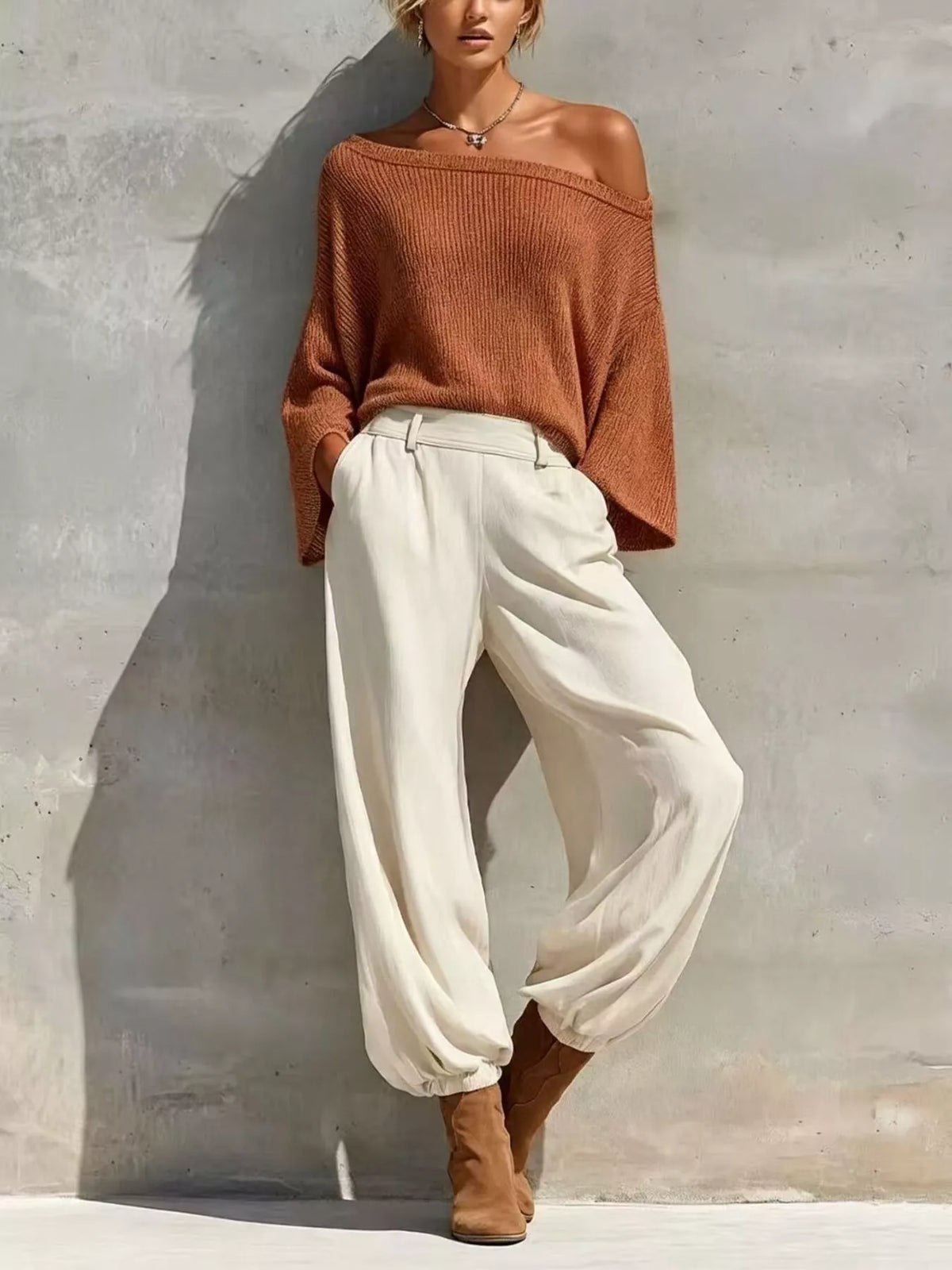 One-Shoulder Knit Top and High-Waisted Pants Set in Caramel