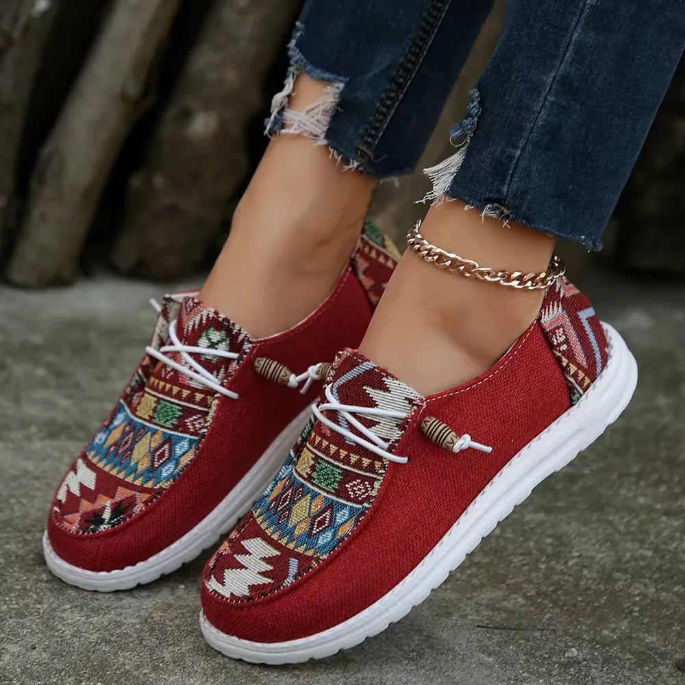 Geometric Round Toe Flat Slip-Ons in Deep Red