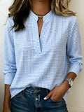Full Size Plaid Notched Long Sleeve Blouse Plus Size - Lilixa.store