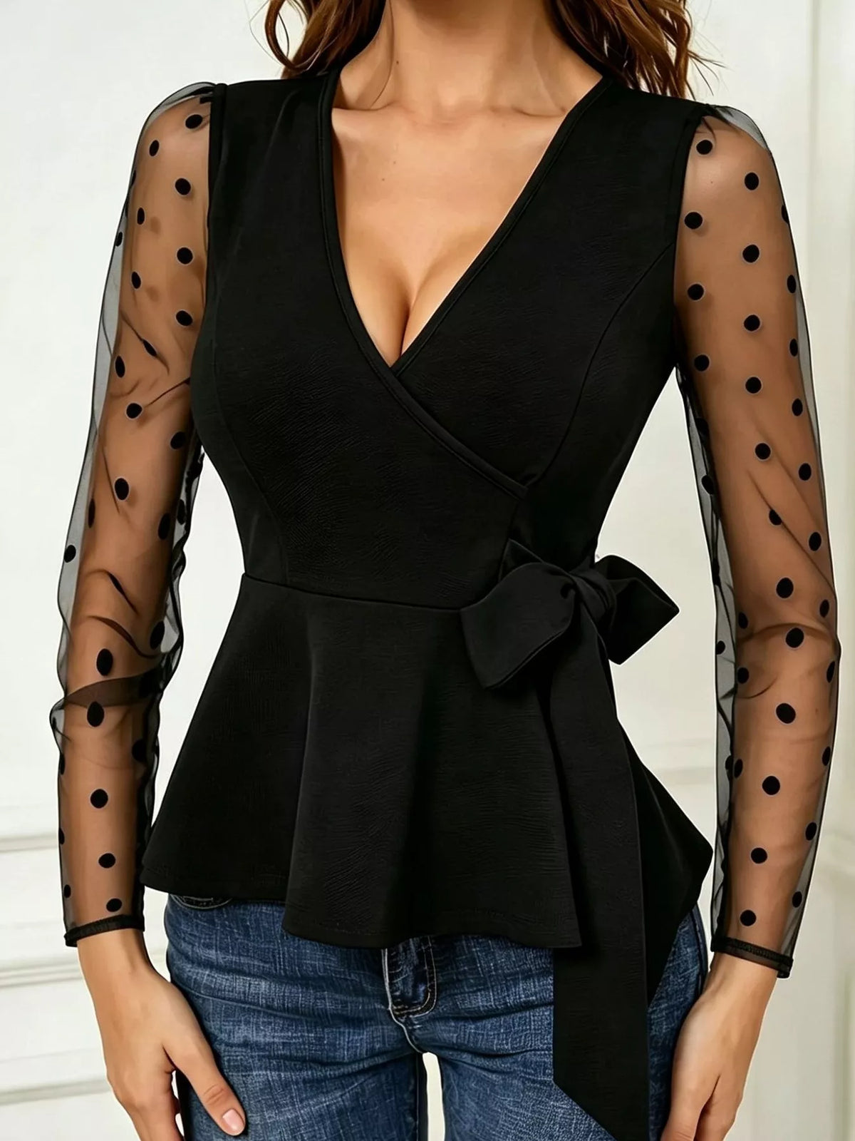Polka Dot Mesh Sleeve Peplum Blouse - Lilixa.store