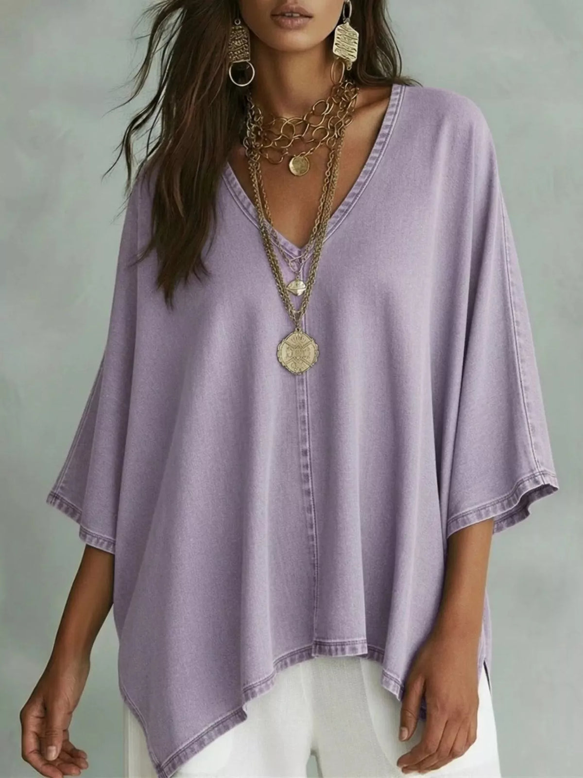V-Neck Batwing Sleeve T-Shirt - Lilixa.store
