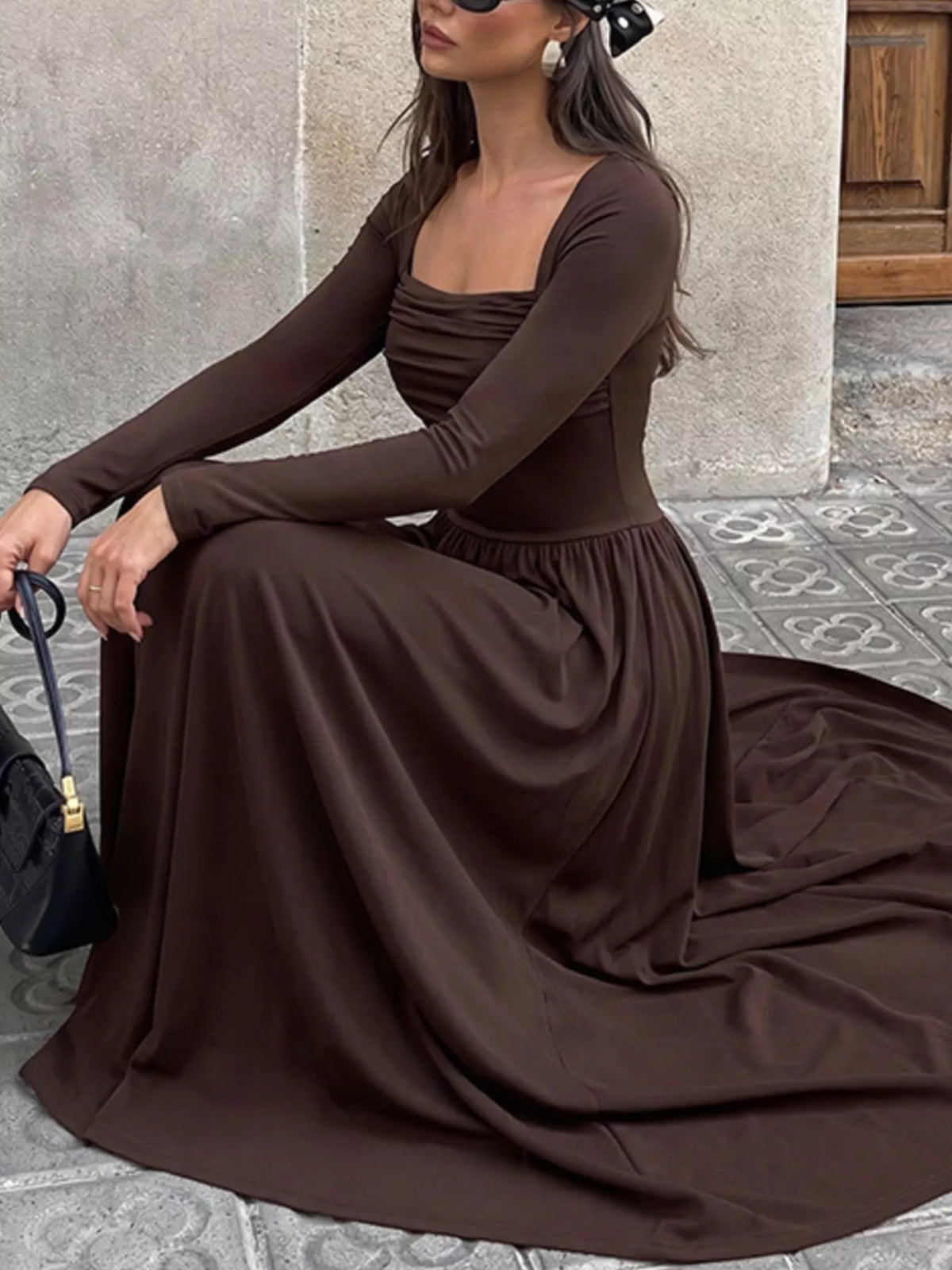 Ruched Square Neck Long Sleeve Maxi Dress