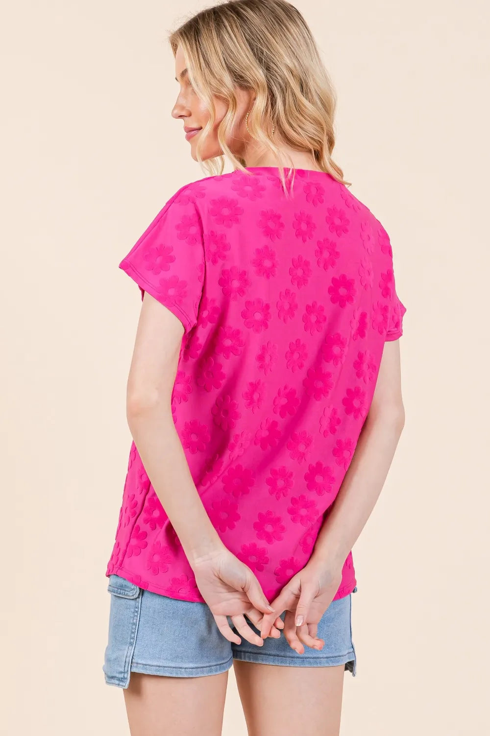 BOMBOM Textured Floral Pattern Short Sleeve T-Shirt - Lilixa.store