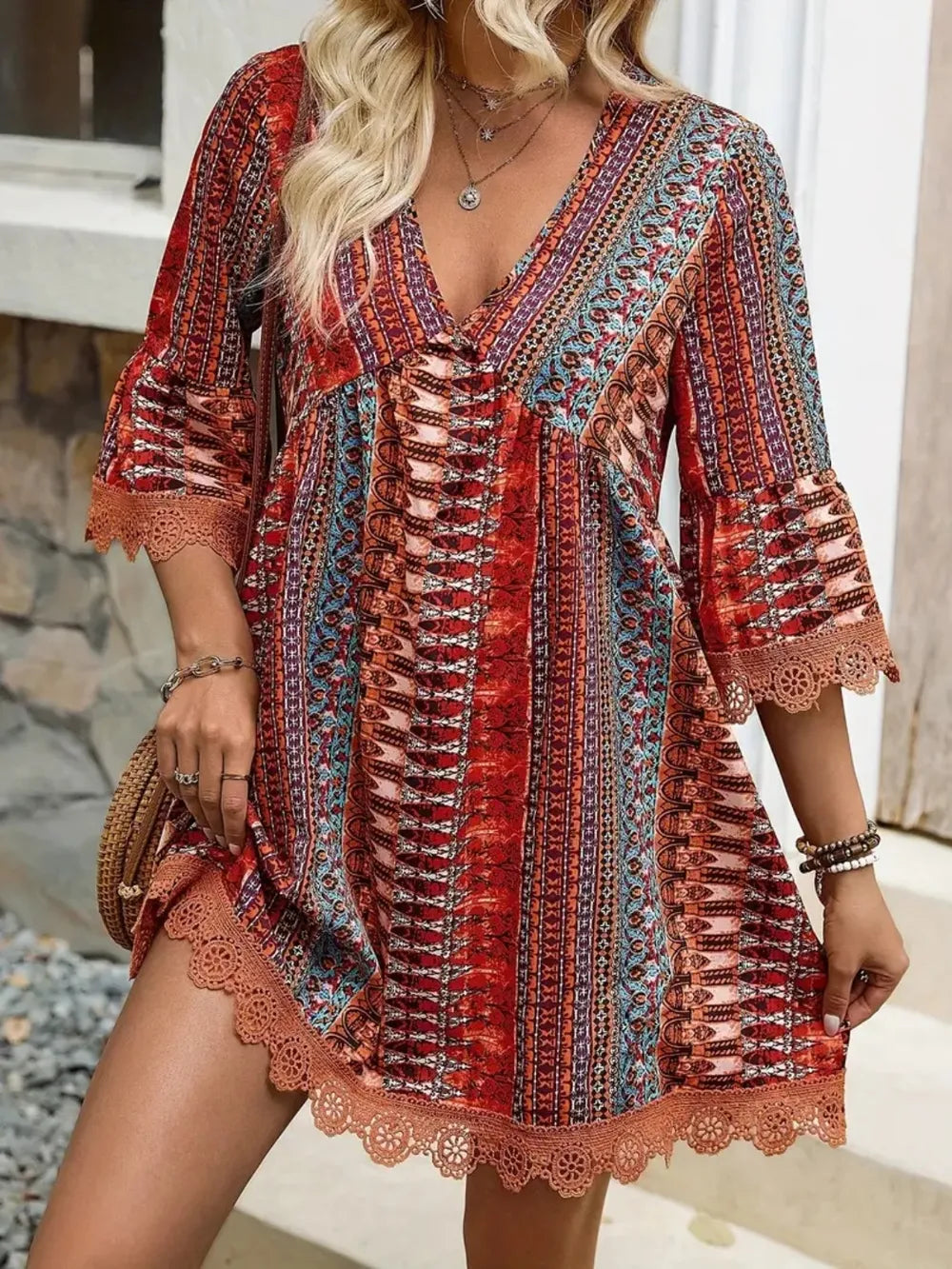 Lace Trim Printed V-Neck 3/4 Sleeve Dress - Lilixa.store