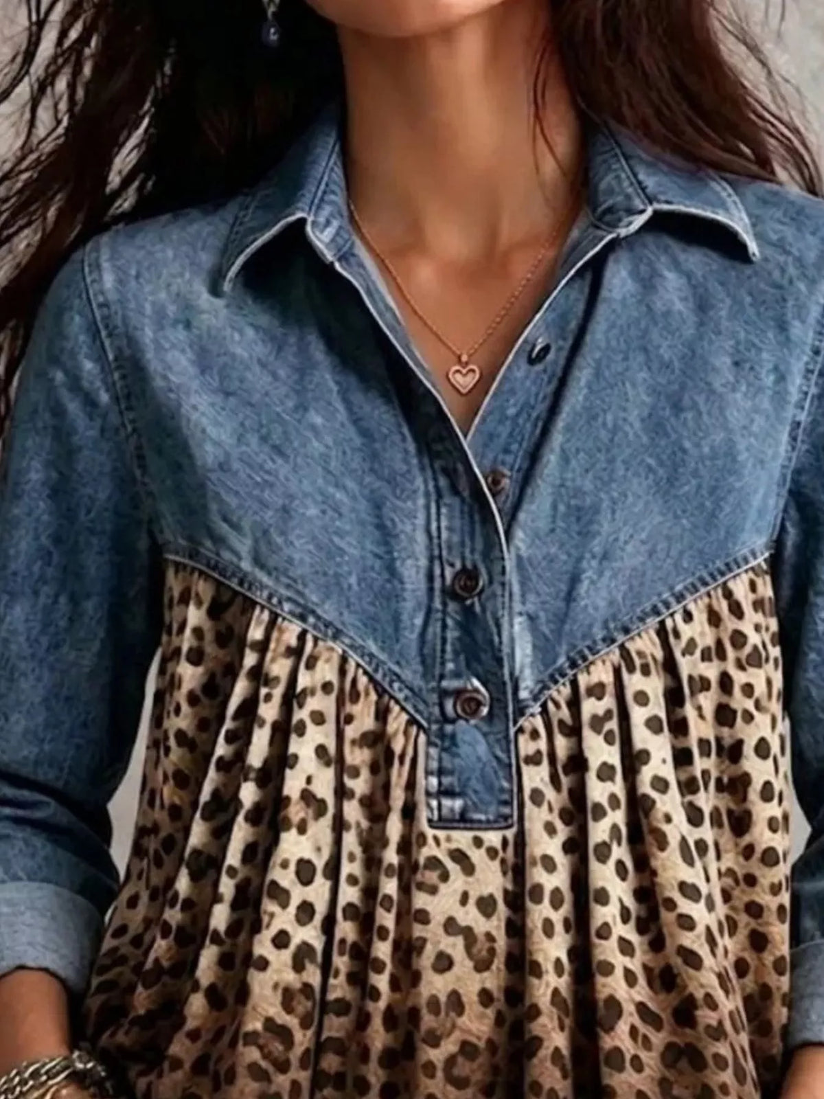 Full Size Leopard Button Detail Blouse Plus Size - Lilixa.store