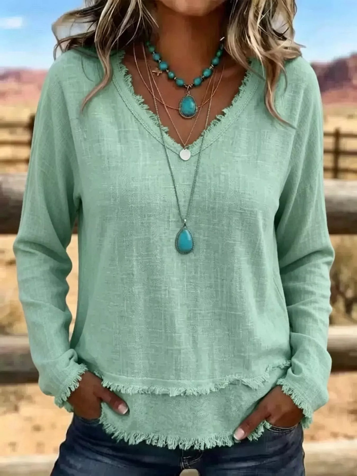 V-Neck Long Sleeve Blouse with Frayed Hem Detail - Lilixa.store