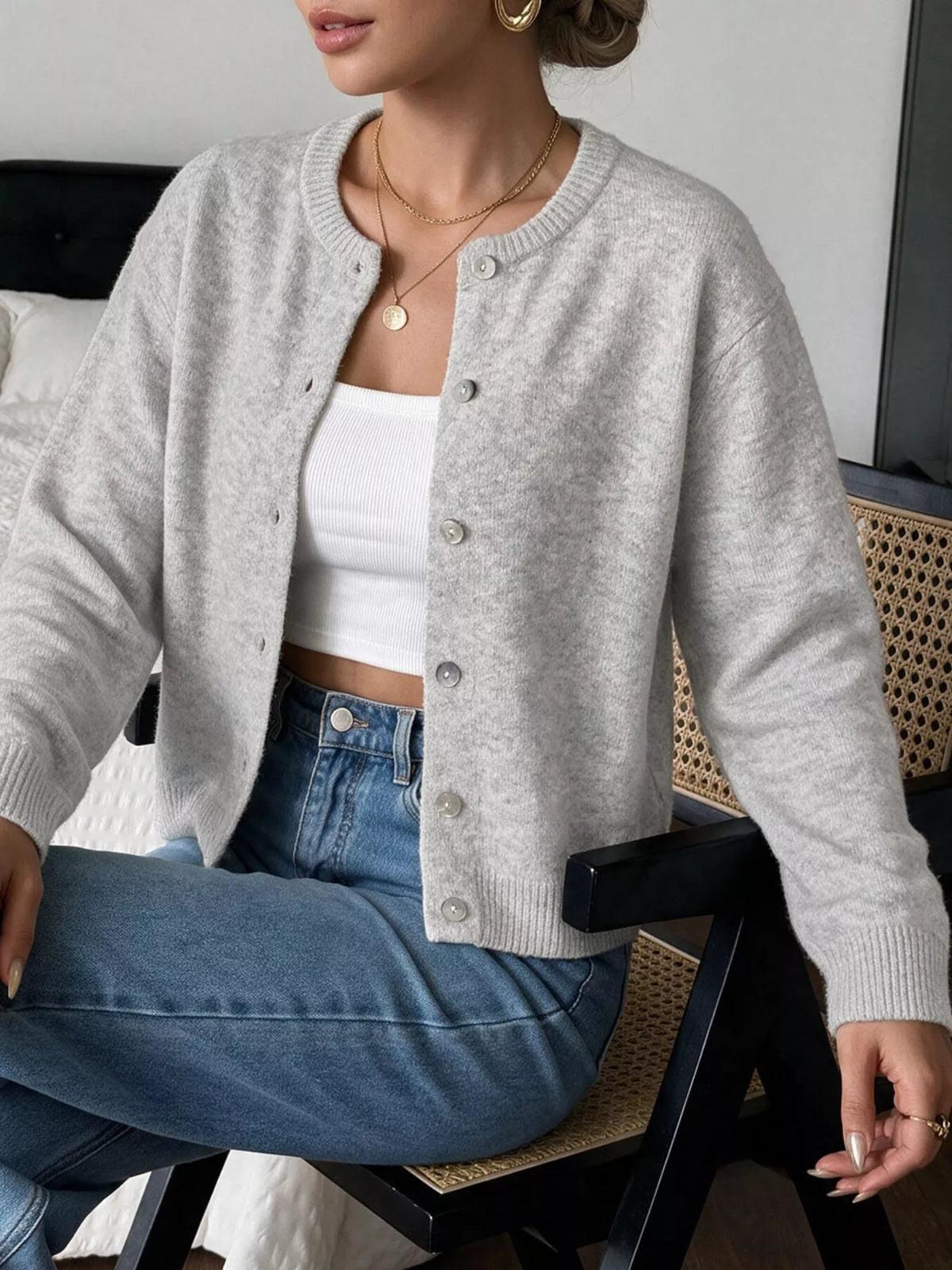 Crew Neck Button-Down Cardigan in Gray/white, view 11