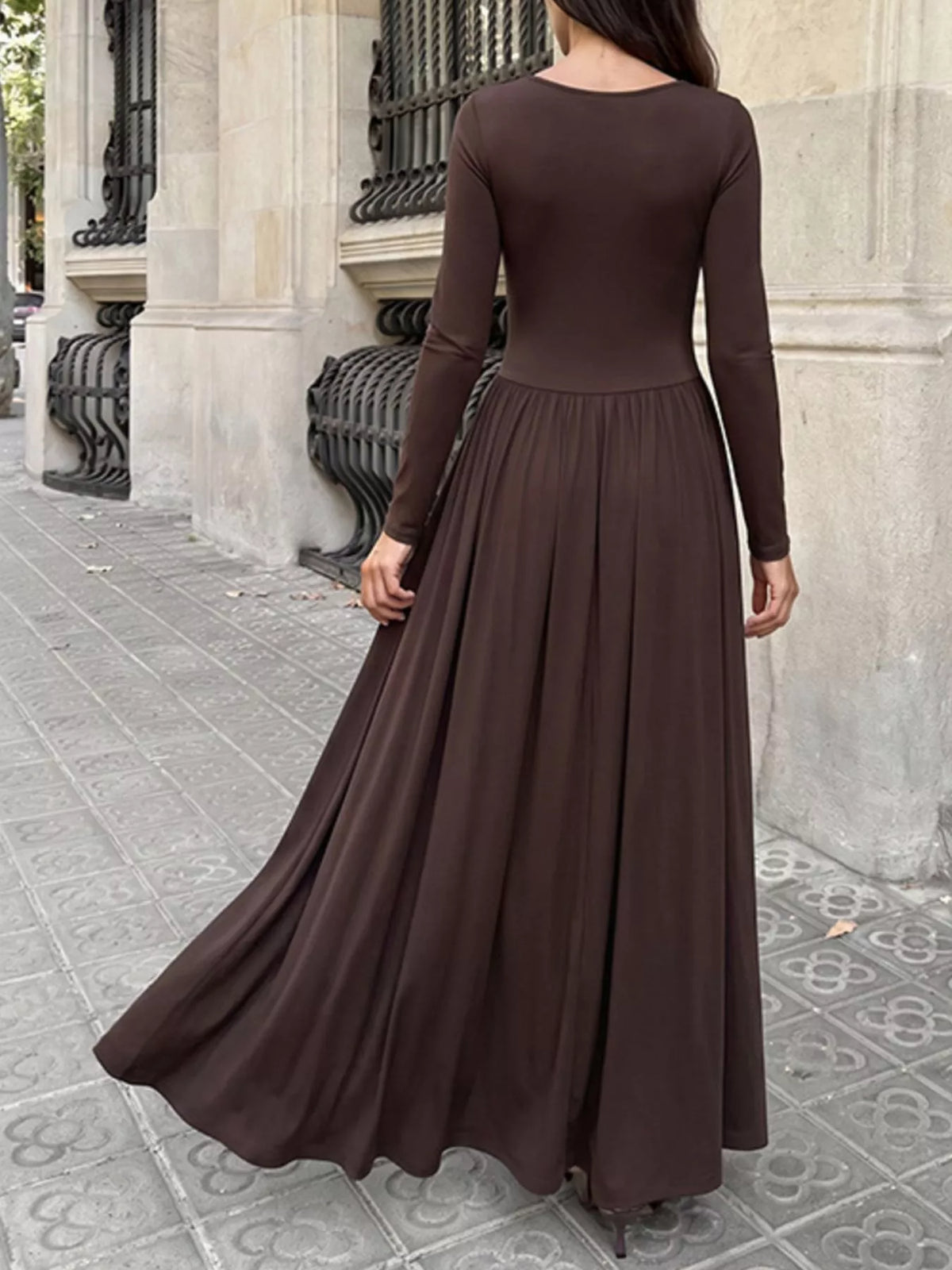 Ruched Square Neck Long Sleeve Maxi Dress