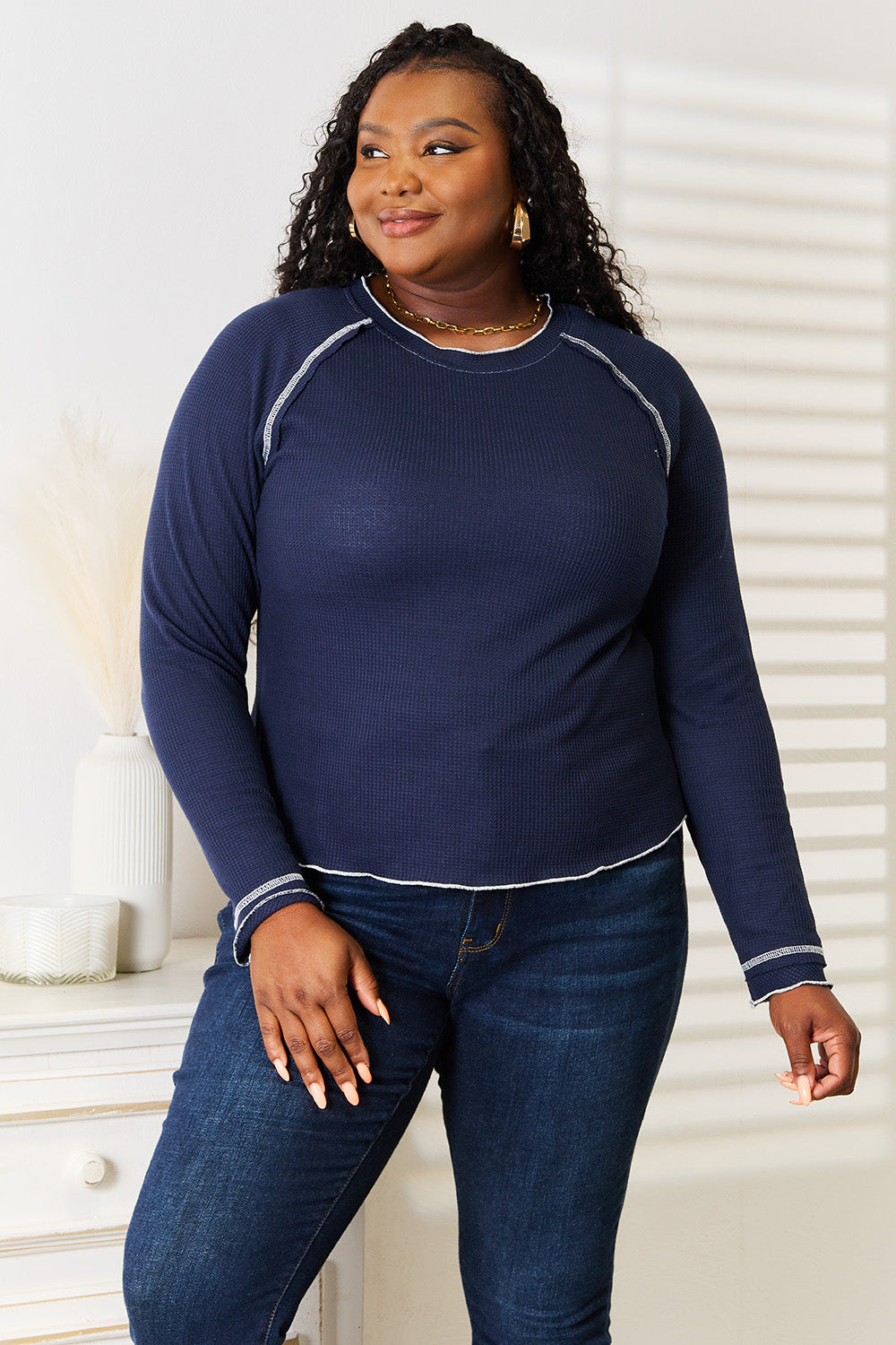 Basic Bae Long Raglan Sleeve Round Neck Top in Dark Blue, view 5