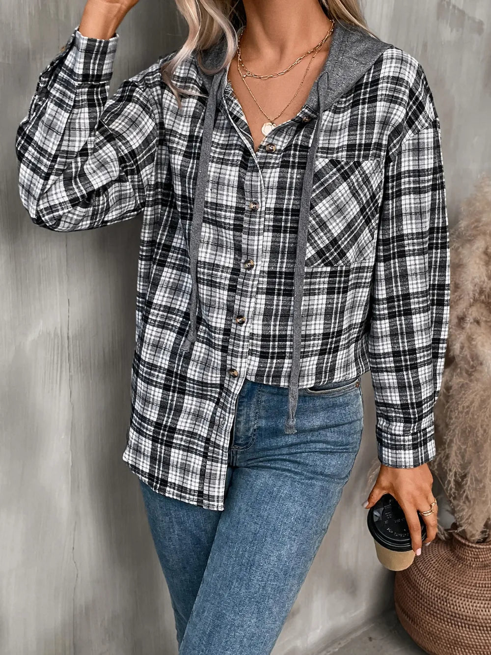 Plaid Long Sleeve Hooded Jacket, view 4