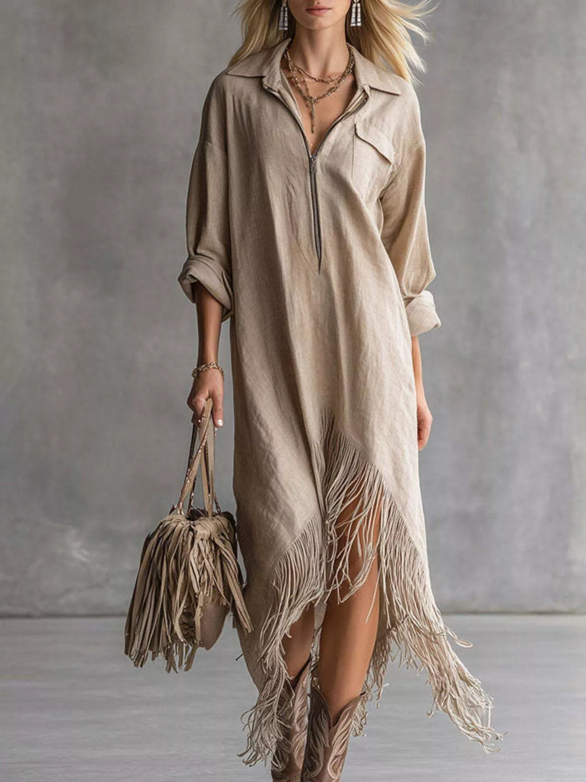 Zipper-Front Fringe Hem Midi Dress - Lilixa.store