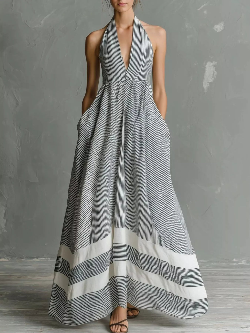Full Size Striped Halter Neck Maxi Dress with Pockets Plus Size - Lilixa.store