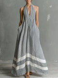 Full Size Striped Halter Neck Maxi Dress with Pockets Plus Size - Lilixa.store