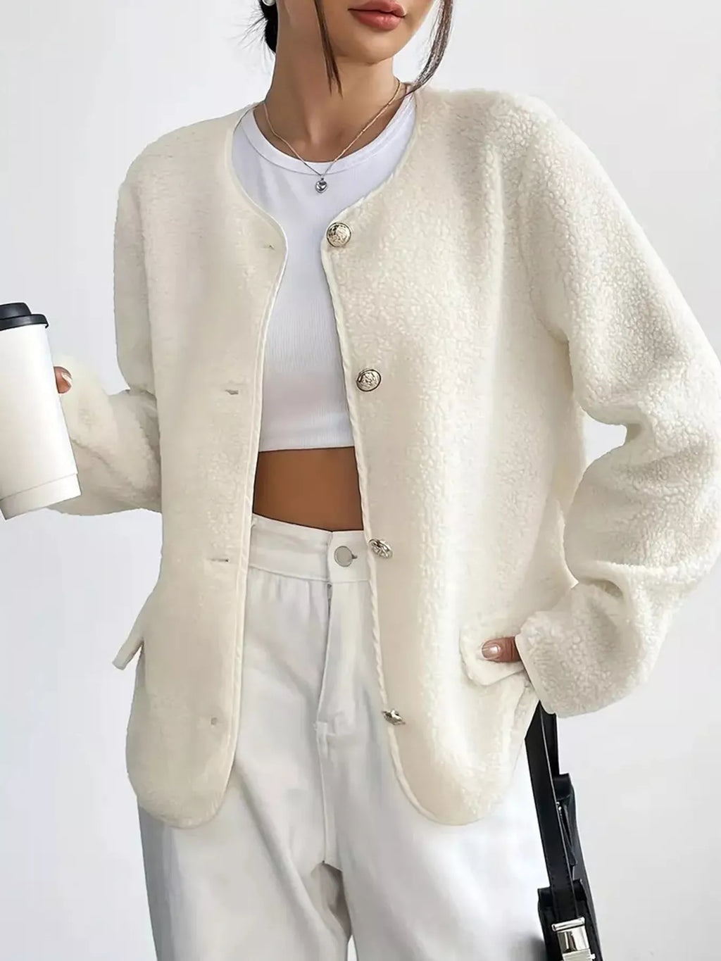 Full Size Textured Button-Up Fleece Outerwear Plus Size - Lilixa.store