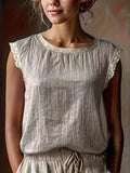 Lace Trim Round Neck Sleeveless Blouse - Lilixa.store