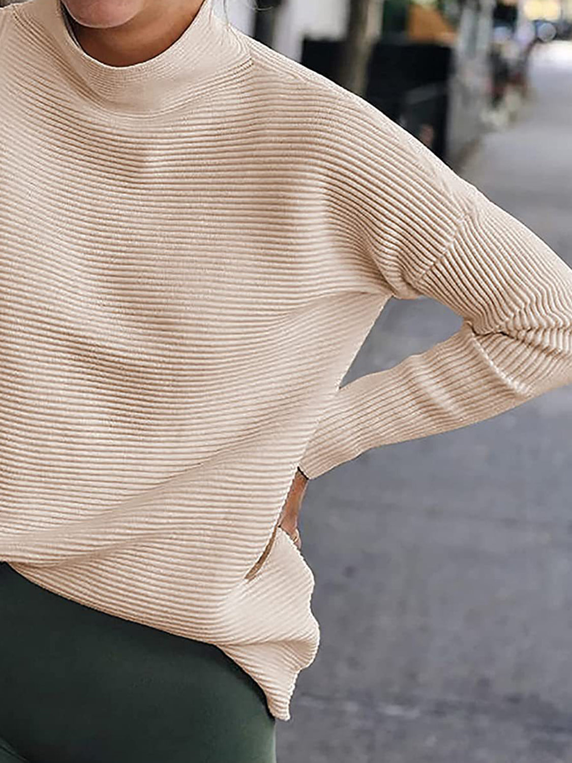 Ribbed Mock Neck Long Sleeve Sweater, view 3