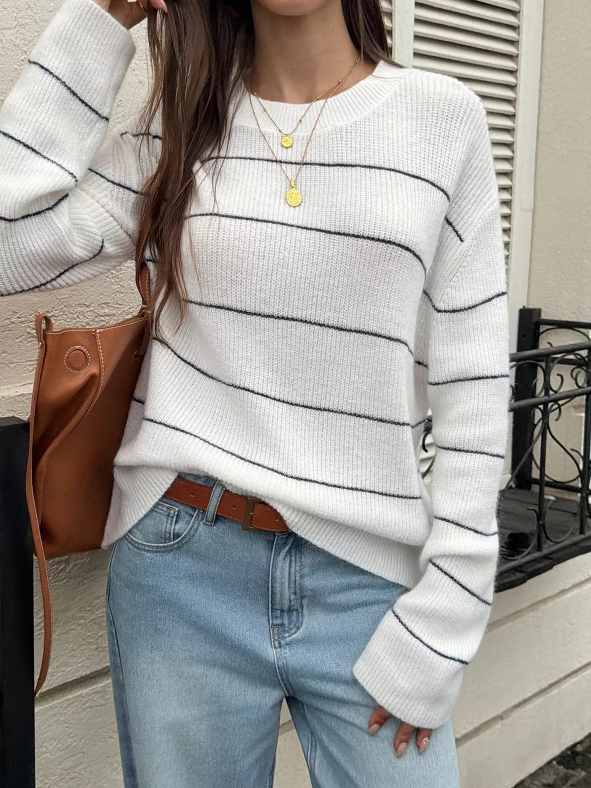 Striped Crew Neck Dropped Shoulder Sweater - Lilixa.store