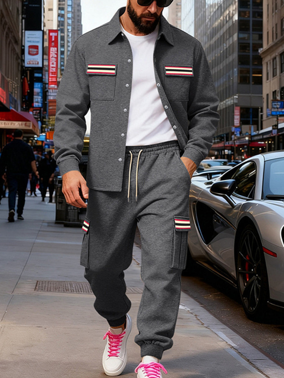 Men's Full Size Collared Neck Shacket and Pants Set Plus Size