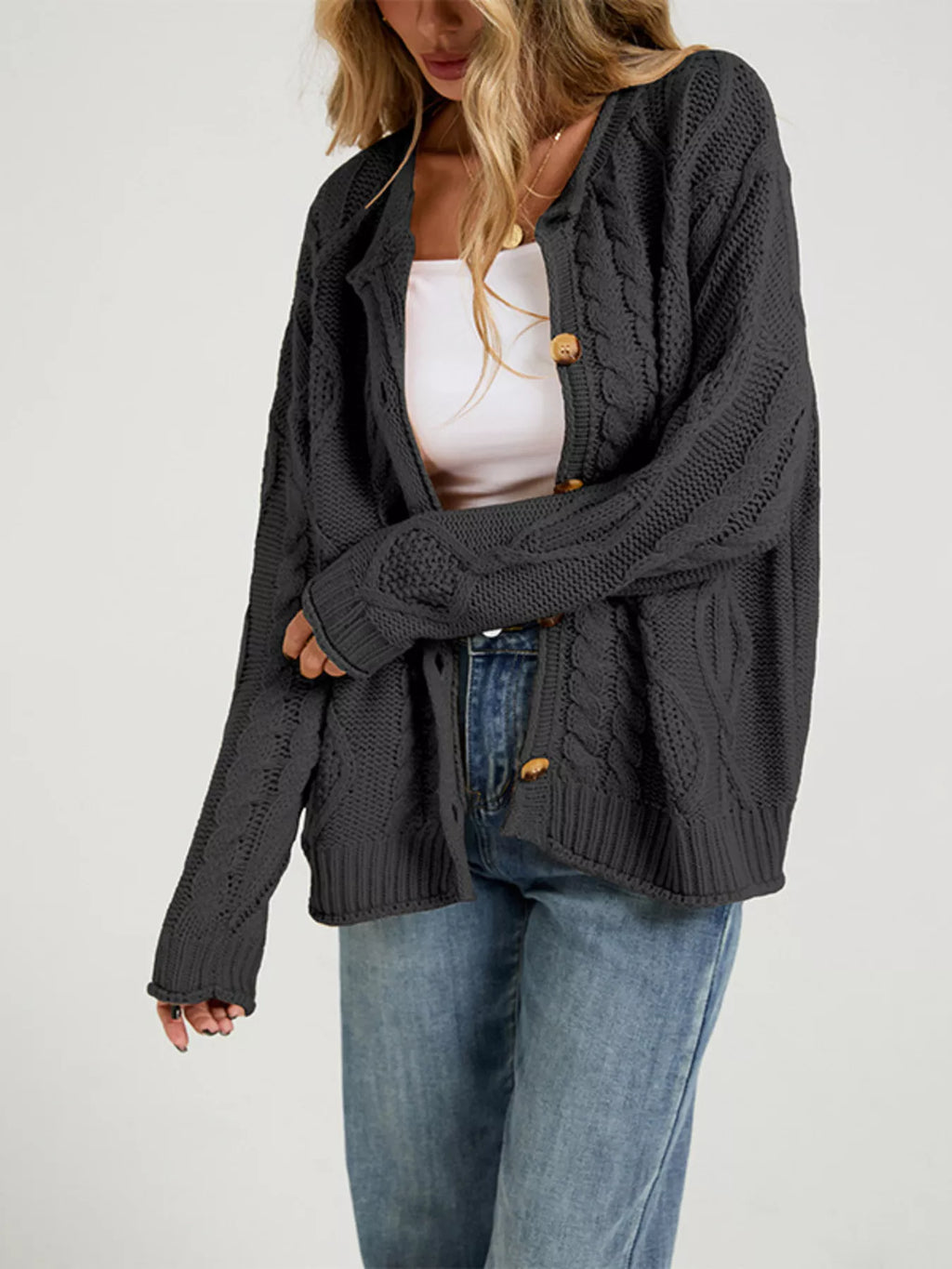 Cable-Knit Button-Down Cardigan - Lilixa.store