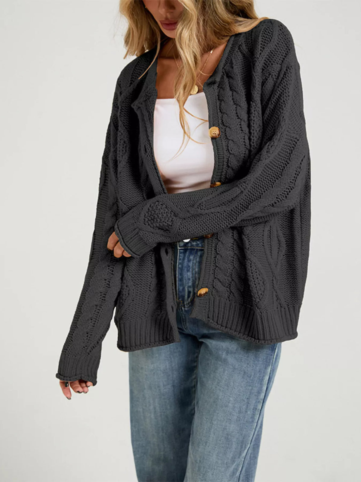 Cable-Knit Button-Down Cardigan - Lilixa.store