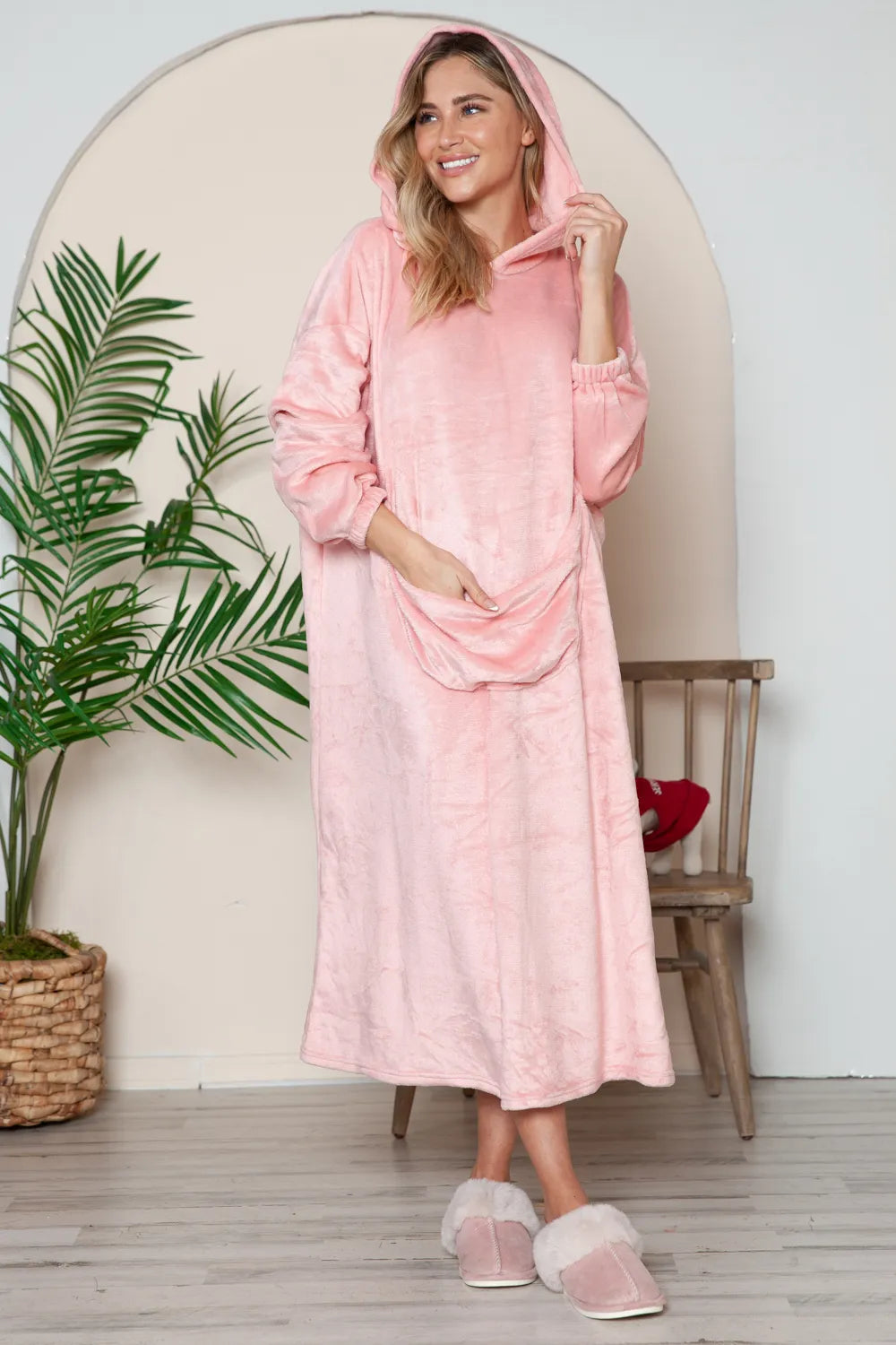 Double Take Full Size Pocketed Hooded Midi Lounge Dress - Lilixa.store