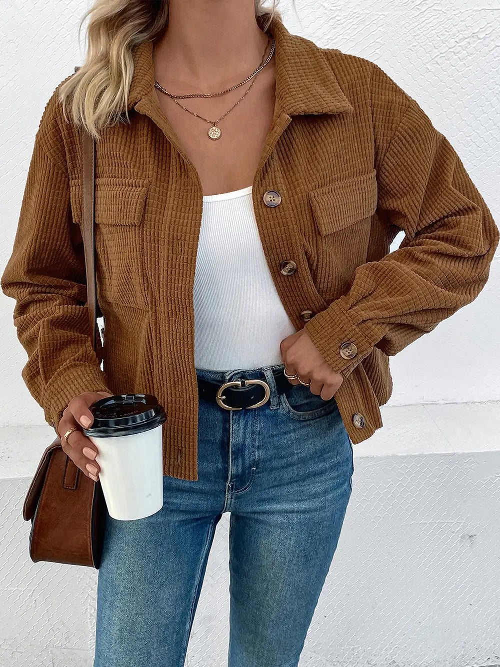 Perfee Collared Neck Button Front Jacket with Pockets in Camel, view 3