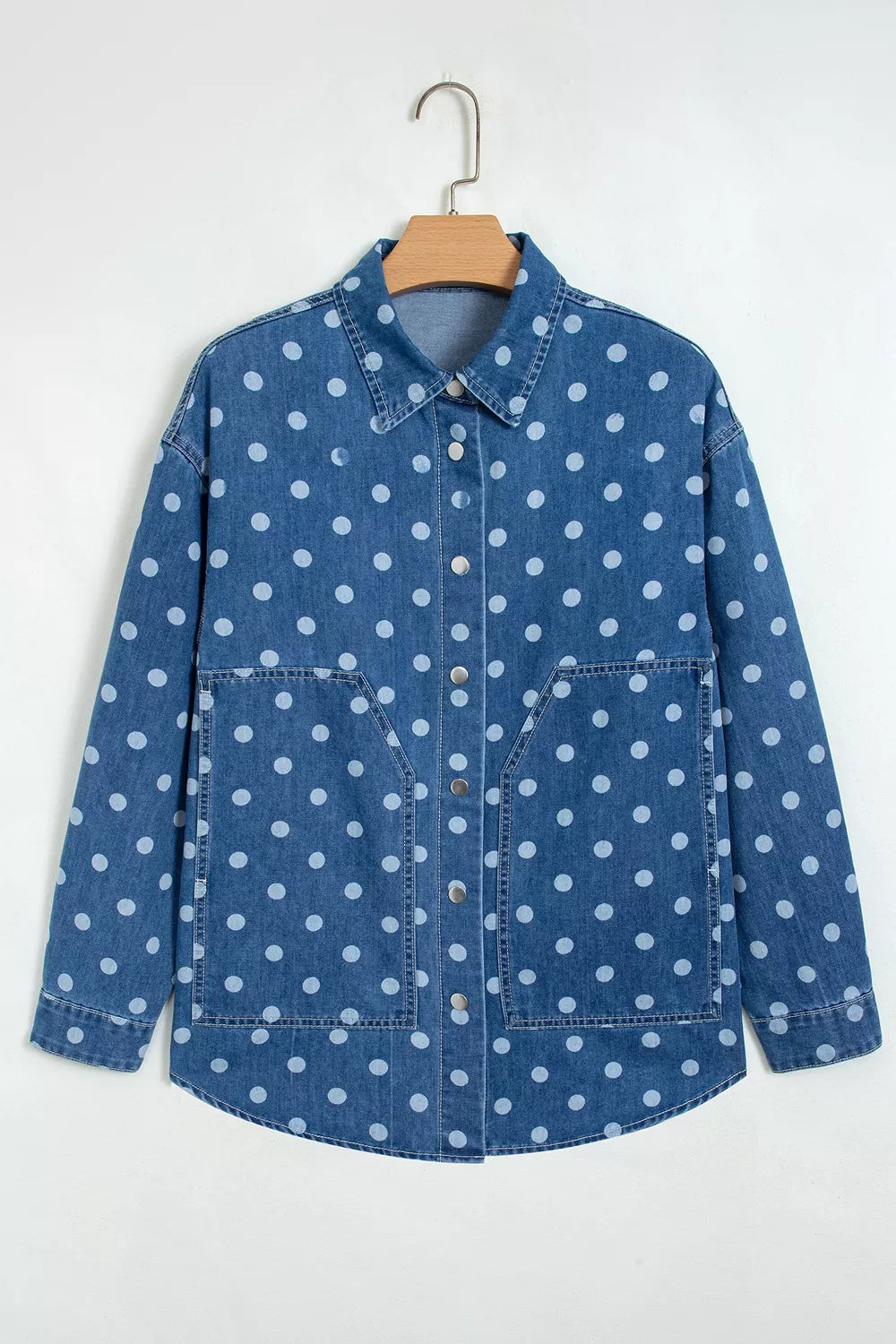 Polka Dot Long Sleeve Collar Shift Tunic Denim Jacket in Dusty Blue, view 5