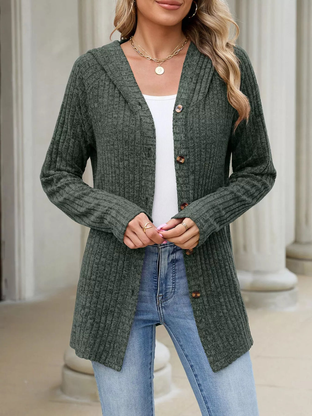 Ribbed Knit Hooded Button-Down Cardigan - Lilixa.store