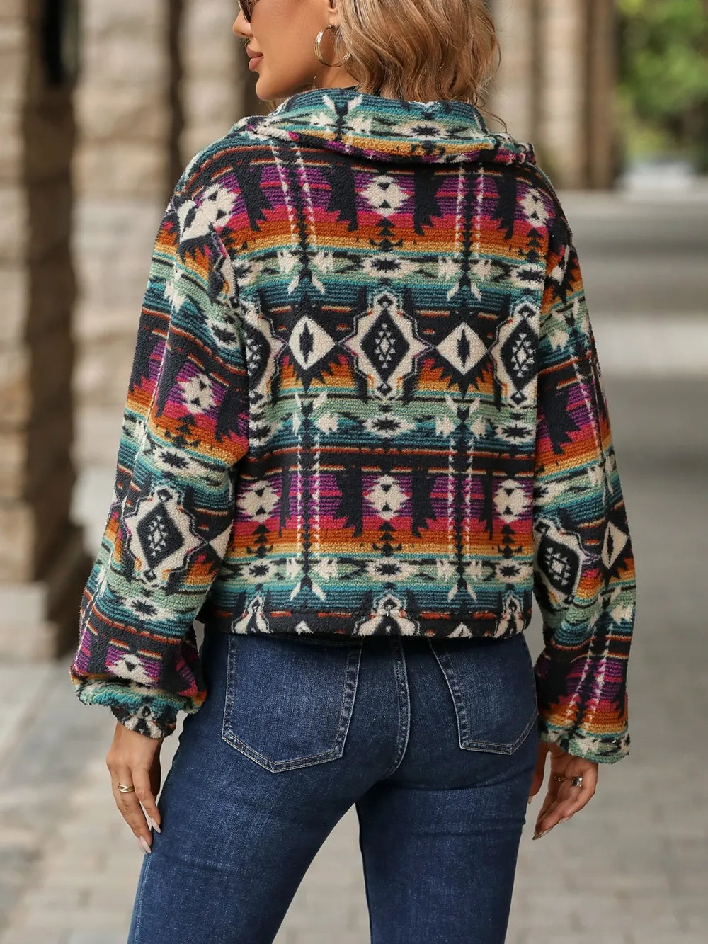 Geometric Dropped Shoulder Balloon Sleeve Outerwear - Lilixa.store
