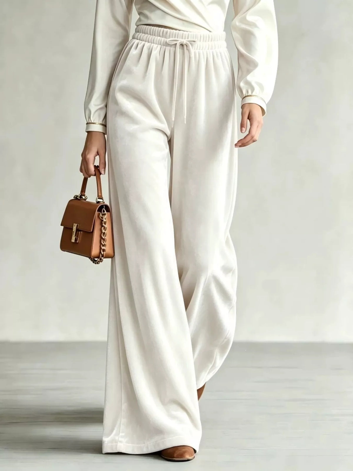 Velvet Wide-Leg Pants with Drawstring - Lilixa.store