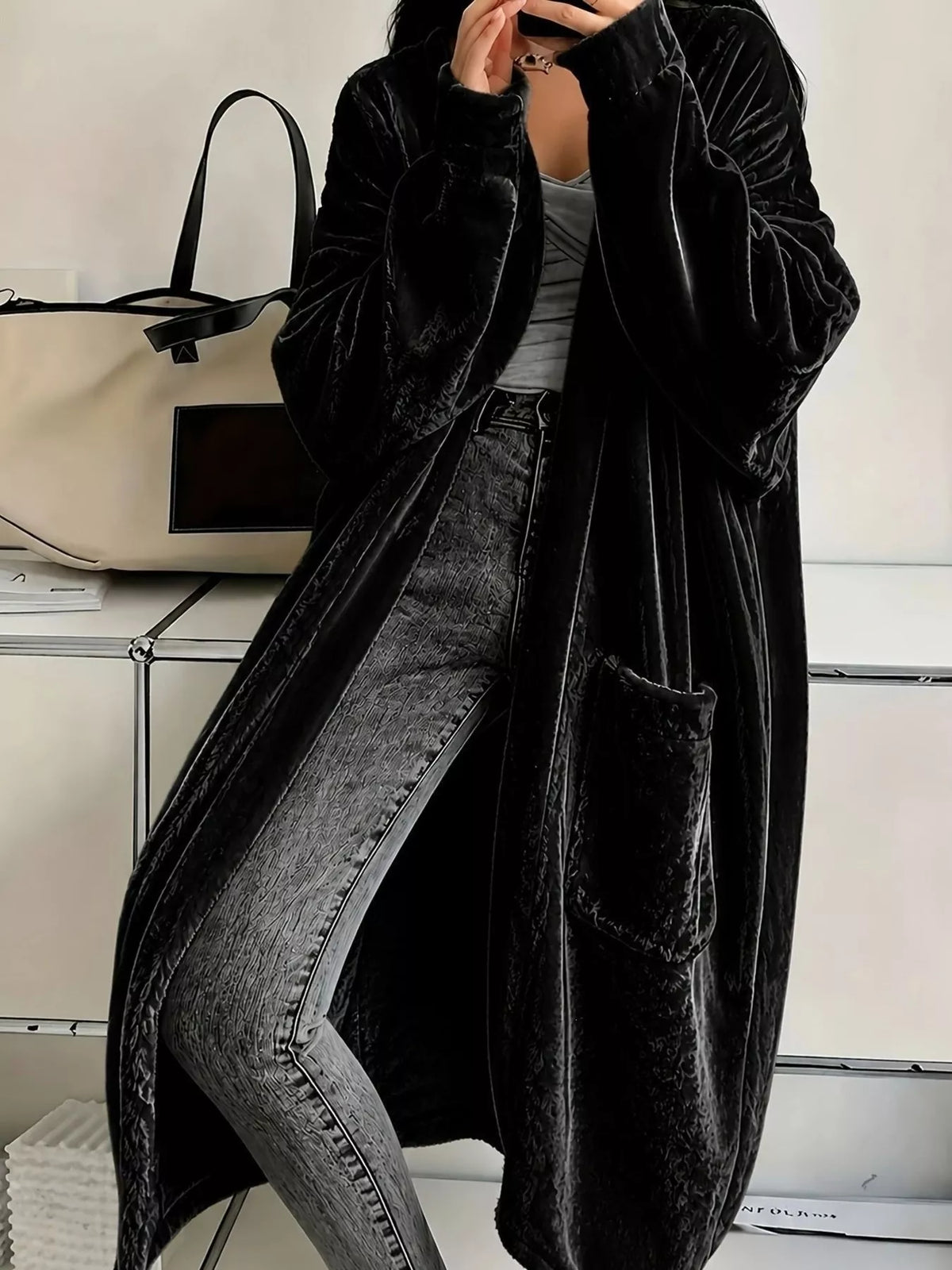 Full Size Velvet Open-Front Longline Outerwear Plus Size