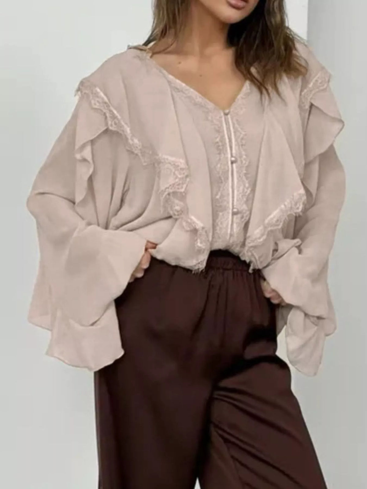 V-Neck Ruffled Lace Trim Blouse, view 3