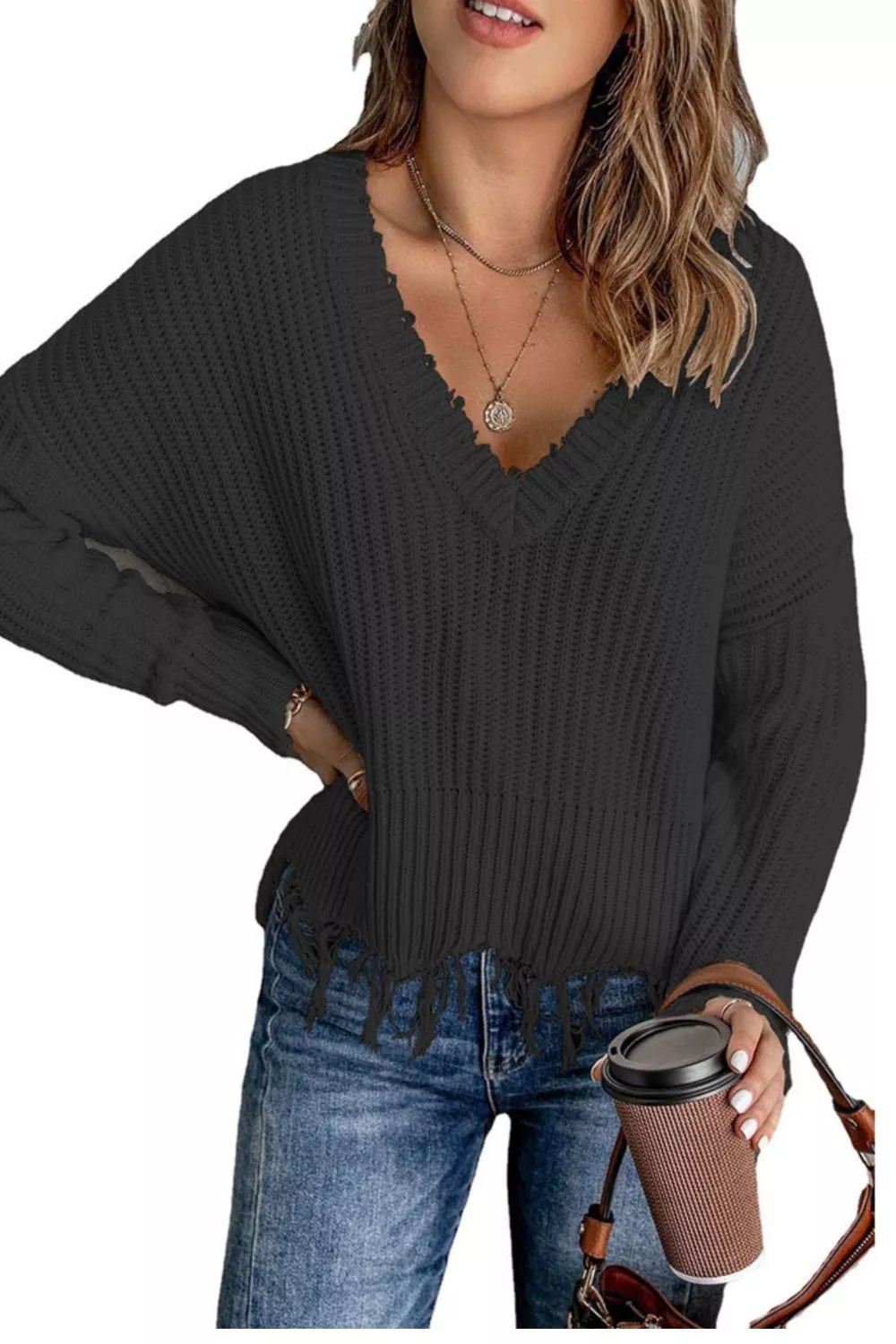 Full Size Raw Hem V-Neck Sweater Plus Size - Lilixa.store