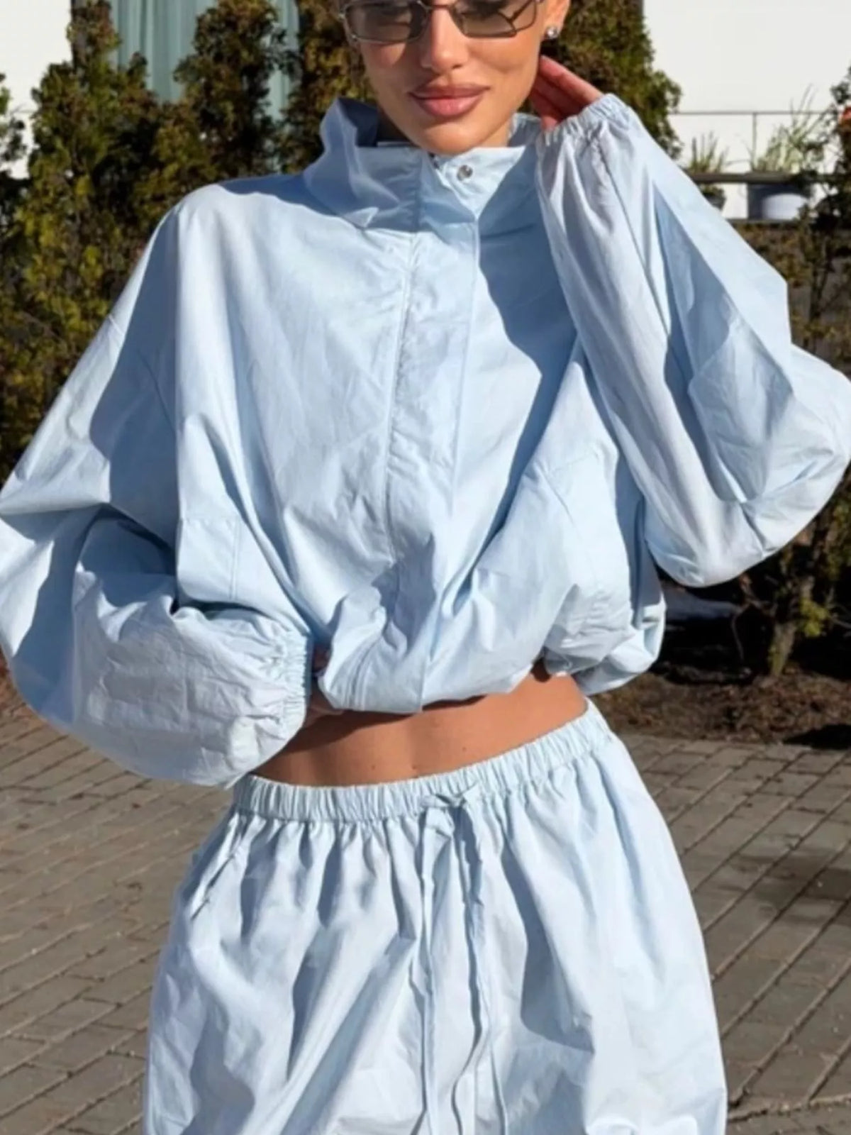 Drawstring Hem Crop Jacket and Wide-Leg Pant Set, view 9
