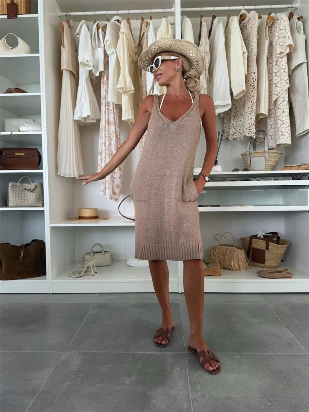 Ribbed Hem V-Neck Sweater Dress, view 8