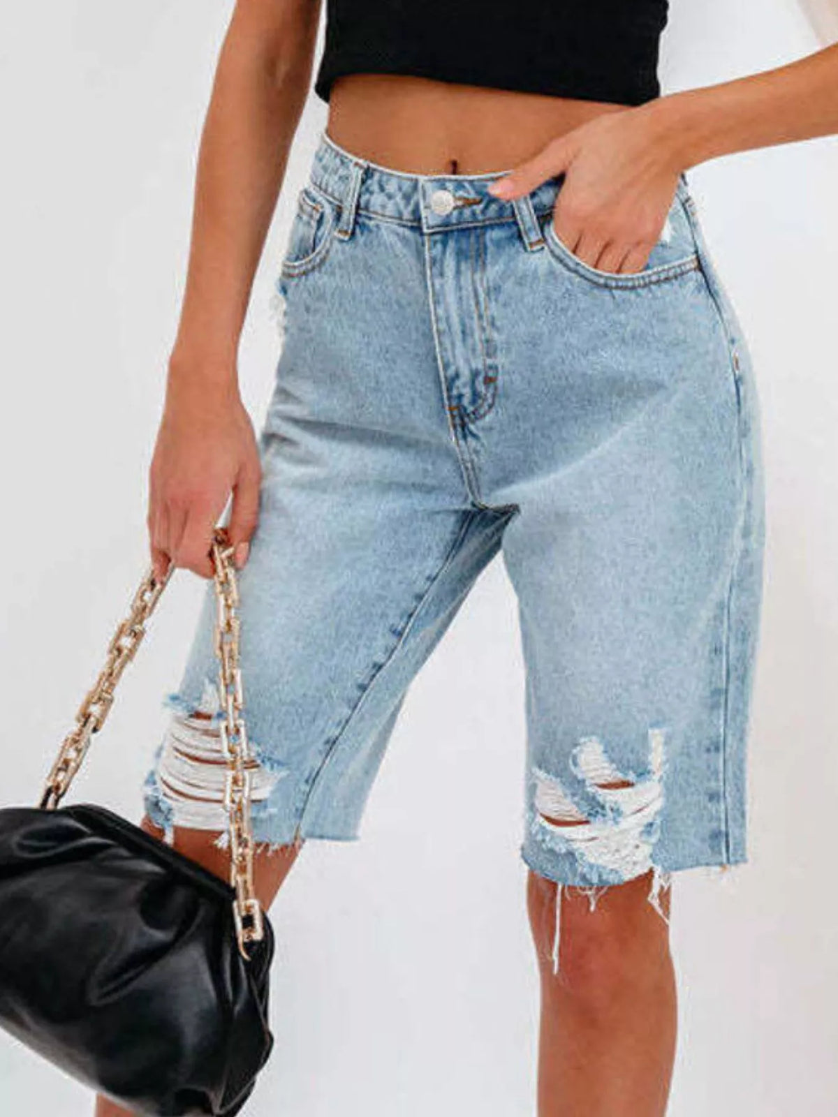 High-Waisted Distressed Denim Shorts - Lilixa.store