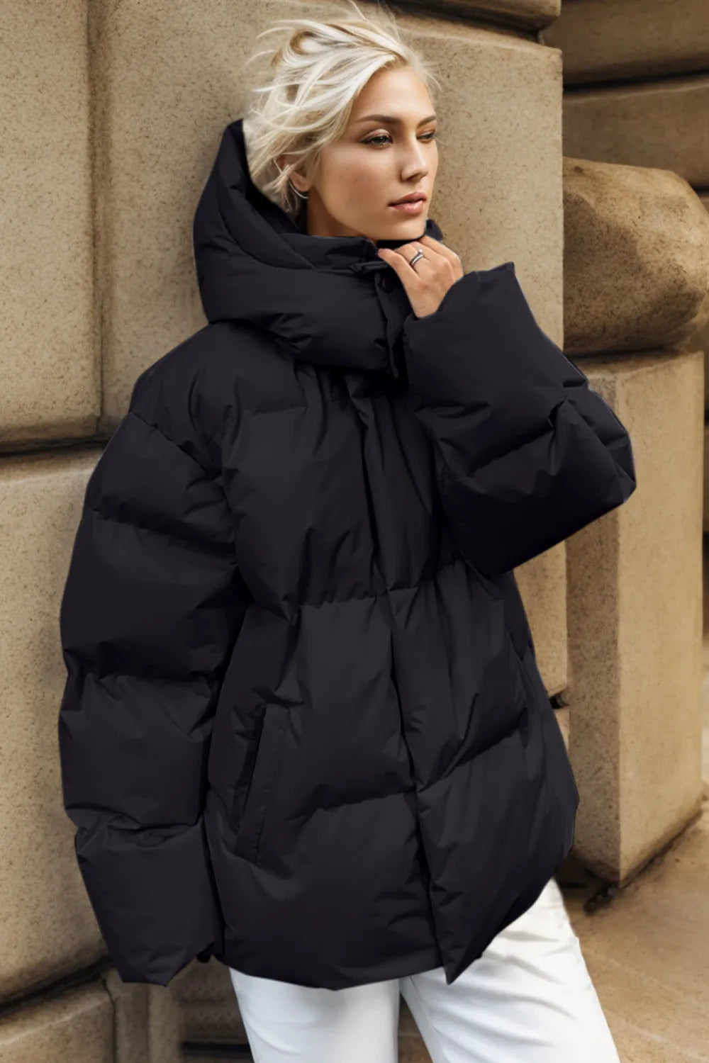 Pocketed Zip Up Hooded Puffer Jacket, view 6