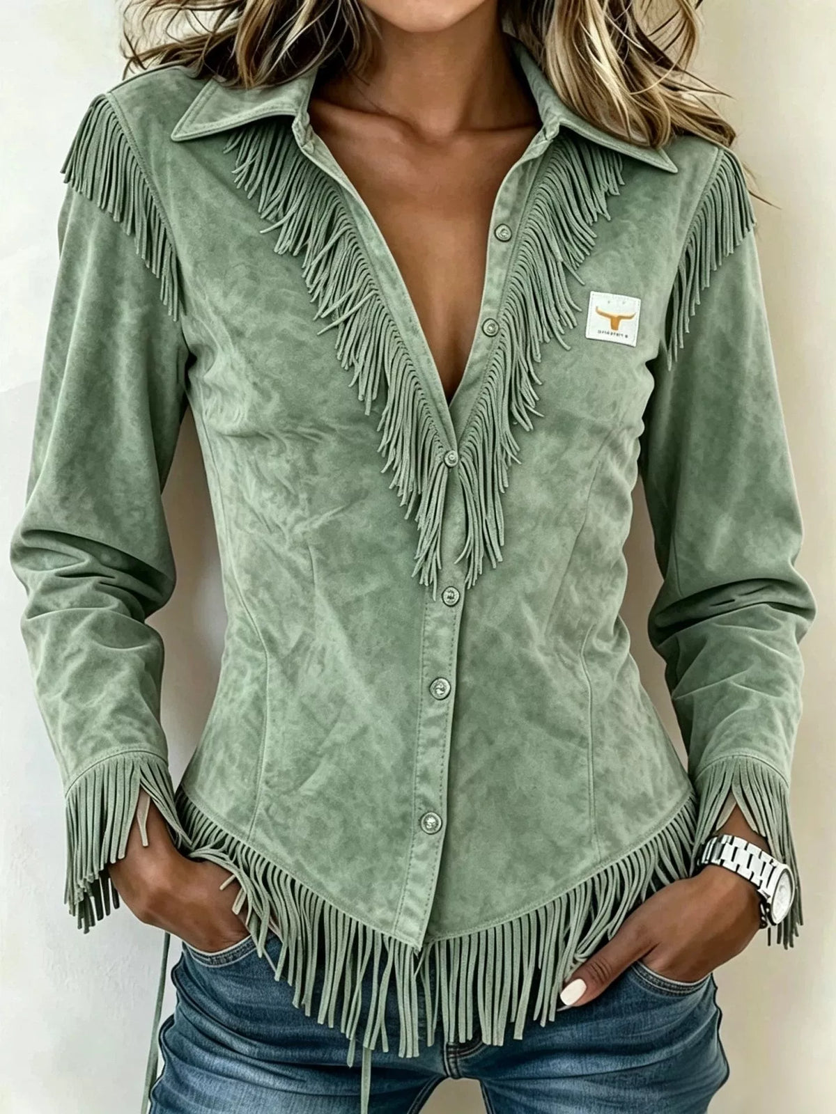 Full Size Fringed Collared Neck Shirt Plus Size - Lilixa.store