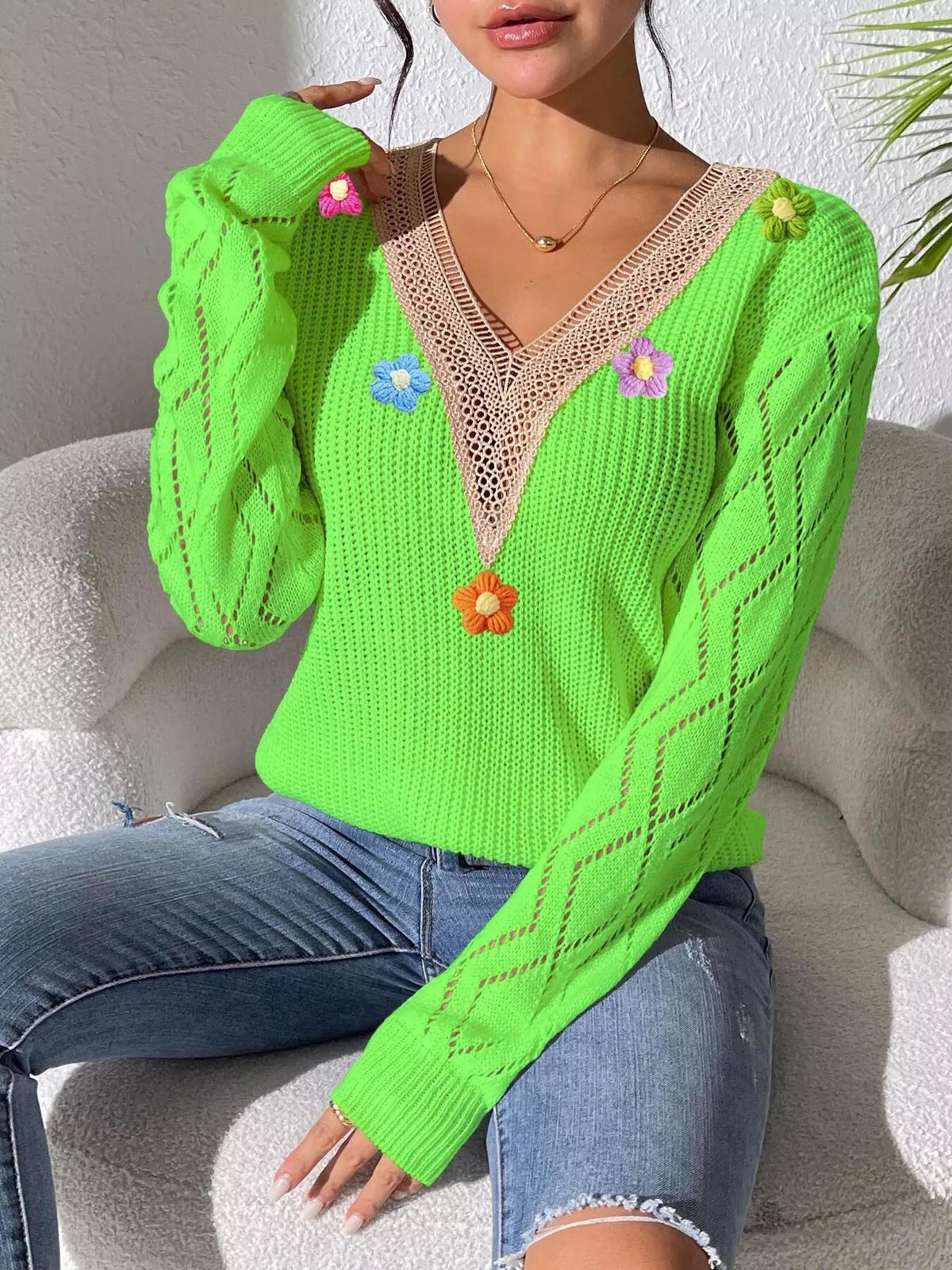 Floral Applique V-Neck Openwork Sweater